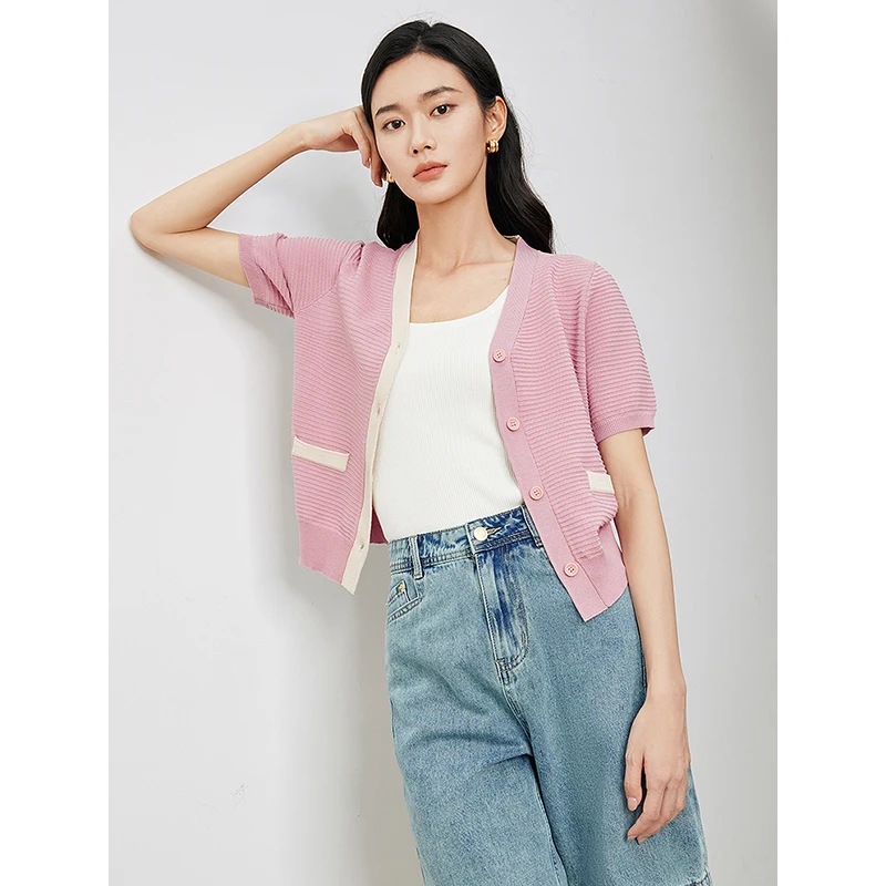 TOYOUTH Women Contrast V-Neck Knit Sweater 2024 Summer New Light And Thin Small Fragrant Style Shirt