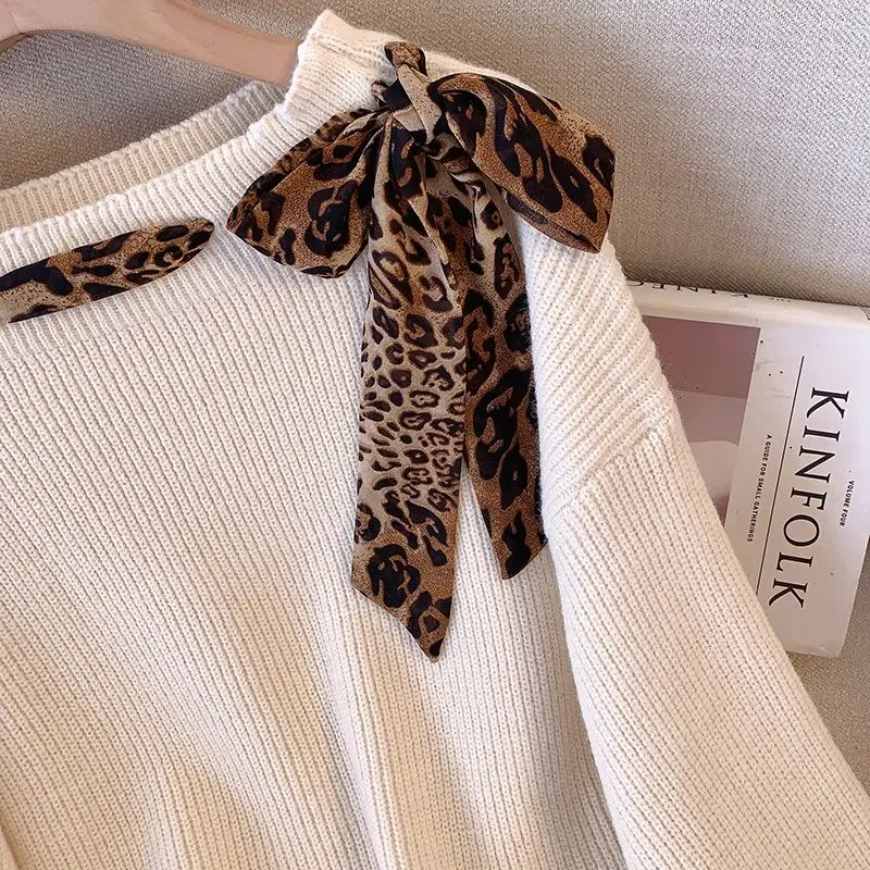Leopard Print Bow Women\'s Chic Pullovers 2024 Vintage Elegant Autumn New Style Lazy Style Loose and Slimming All-match Sweaters