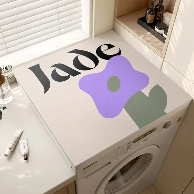 VIKAMA Cream Jade Lilac Abstract Bloom Washing Machine Top Mat Modern Quote Floral Leaf Minimalist Water Resistant Non Slip Soft