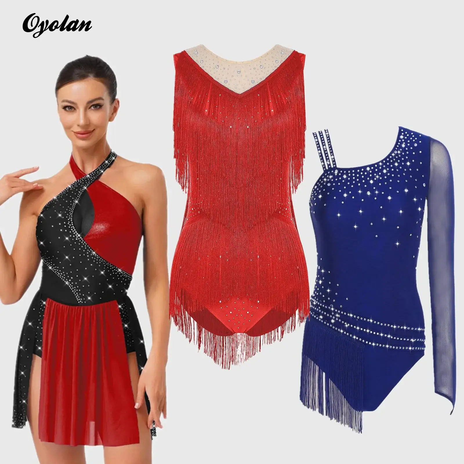 여성 라틴 탱고 차차 룸바 삼바 댄스 공연 의상 라인스톤 태슬 바디수트 오픈 크로치 레오타드 댄스웨어