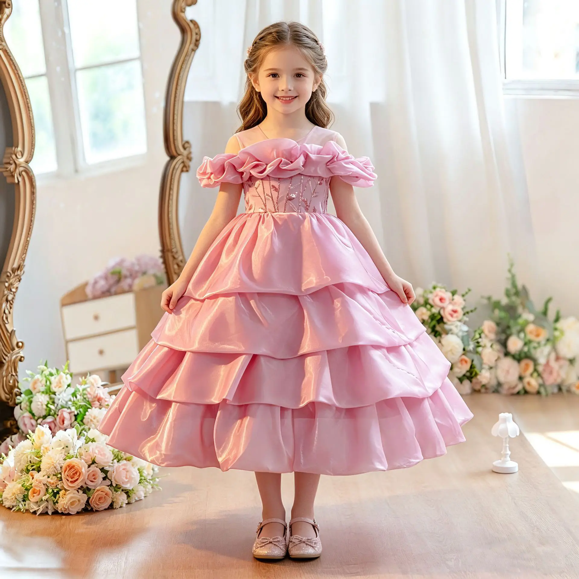 HETISO Layered Princess Dress for Girls Elegant Wedding Prom Evening Party Kids Costume Birthday Dress