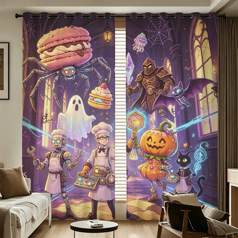 2Pcs Polyester Curtain Panel Set,Multi-Sizes,Easy Hanging & Installation,85% Light Blocking,Cartoon Halloween Candy Print