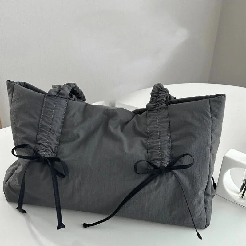 Korean Vintage Drawstring Pleated Shoulder Bags Women Casual Fashion Bow Handbags Y2k Aesthetic All Match Elegant Underarm Bag