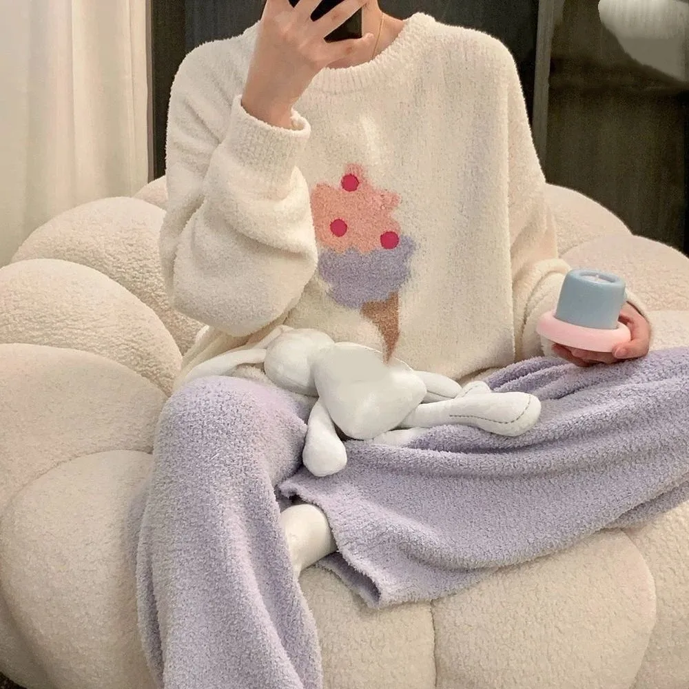

Ins Horse Fleece Pajamas Set Long Sleeve Kawaii Cartoon Pajamas Suit Loose Duck Rabbit Winter Plush Nightwear Women