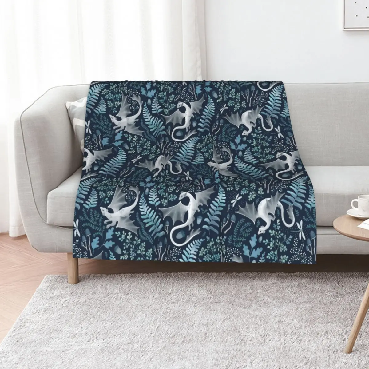 Forest dragons in shades of blue and green on navy blue Throw Blanket anime Decorative Sofa Flannel Beautifuls Stuffeds Blankets
