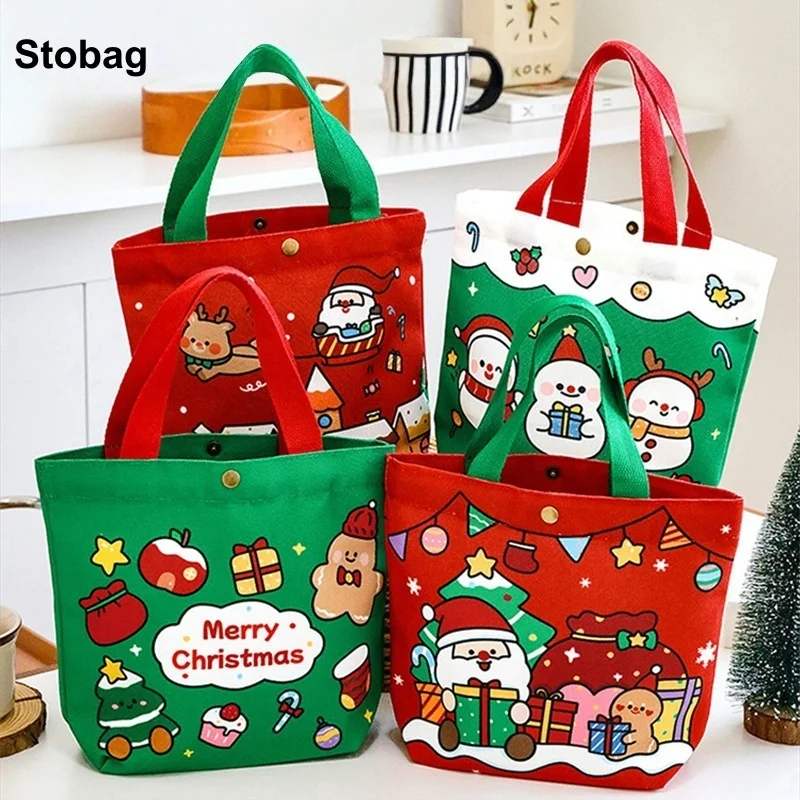 

StoBag 5pcs Merry Christmas Canvas Tote Bags Cute Gift Fabric Kids Packaging Handbag Waterproof Storage Reusable Pouch Party