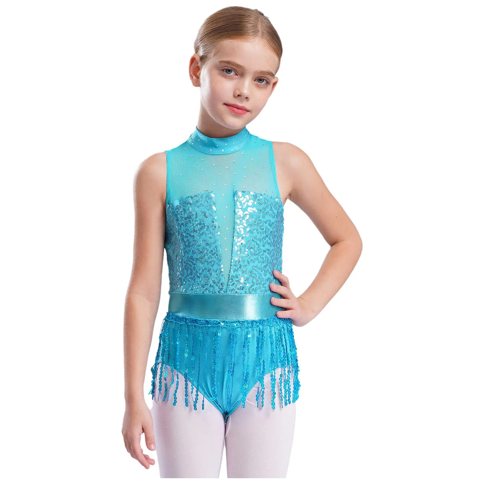 

New Kids Girls Dance Leotard for Jazz Latin Dance Performance Sparkly Sequins Tassels Sleeveless Keyhole Back Fringed Bodysuit