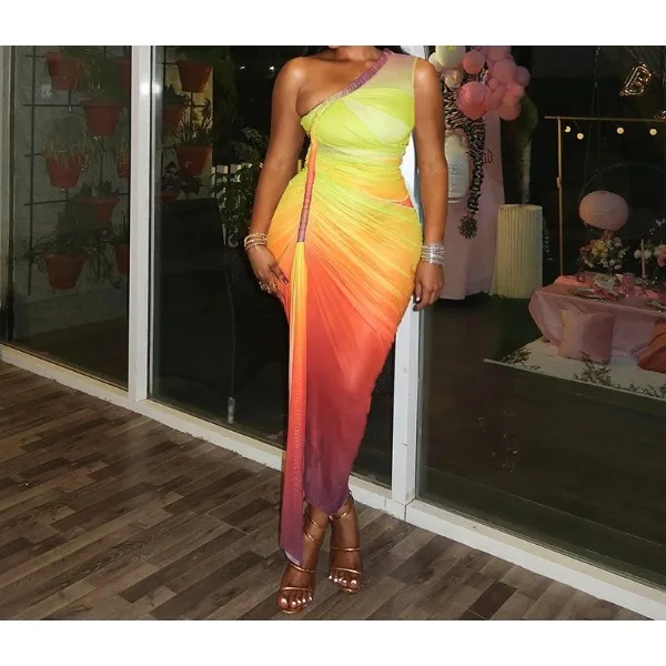 

Bodycon Dress Woman Summer 2025 Gradient Print Irregular Birthday Sexy Skew Collar Single Sleeve Maxi Dresses Holiday Beachwear