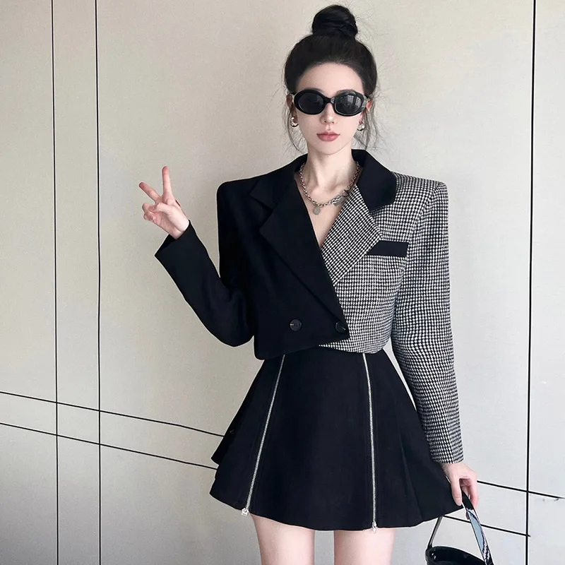 UNXX 2023 Autumn and Winter New Style Women's Suit Jacket Skirt Set Fashion Plaid Stitching  Top Pleated  Two-piece 