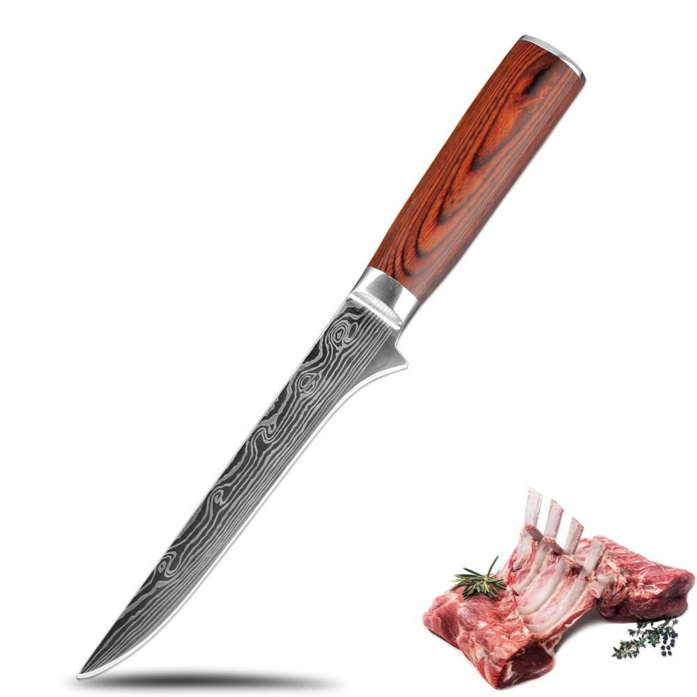 6-Zoll-Ausbeinmesser aus Edelstahl mit Laser-Damast-Muster, scharf mit Redwood-Griff, japanisches Filetmesser Pro-Ausbesser