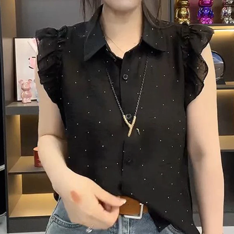 Feifei-camisa sem mangas das mulheres com diamante design polo gola estilo coreano moda novo verão 2021