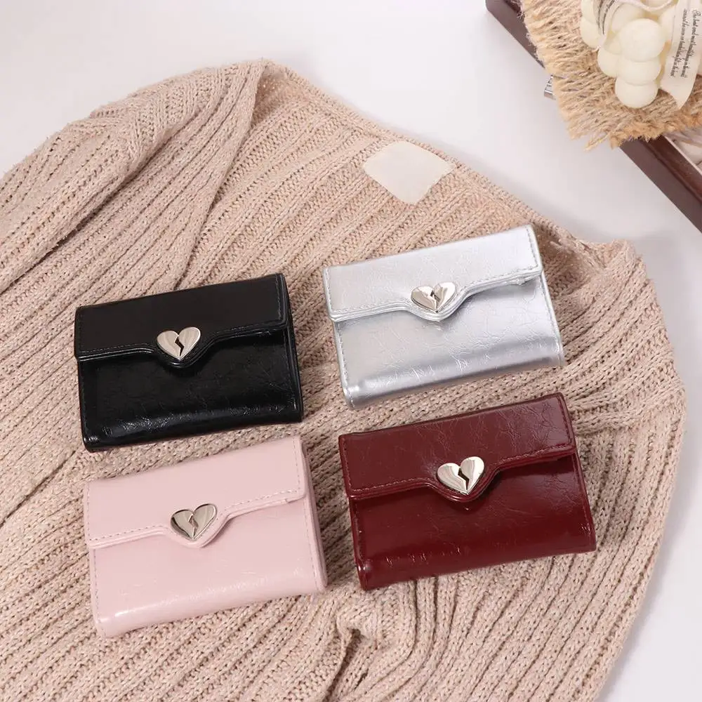Ins Korean Crack Heart Wallet Short PU Leather Women's Leather Wallet High Quality Fold Student Purse Ladies