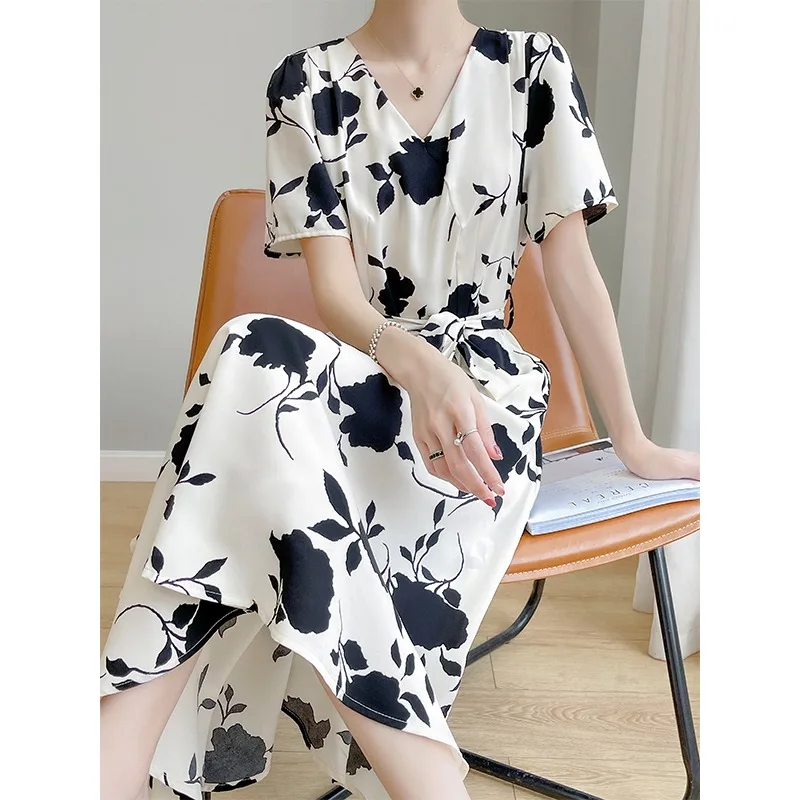 Ele Silk Floral Print Maxi Dr Women's ort Sve Waist-Cinching Korean Sle V-ne A-line Summer New Arrival