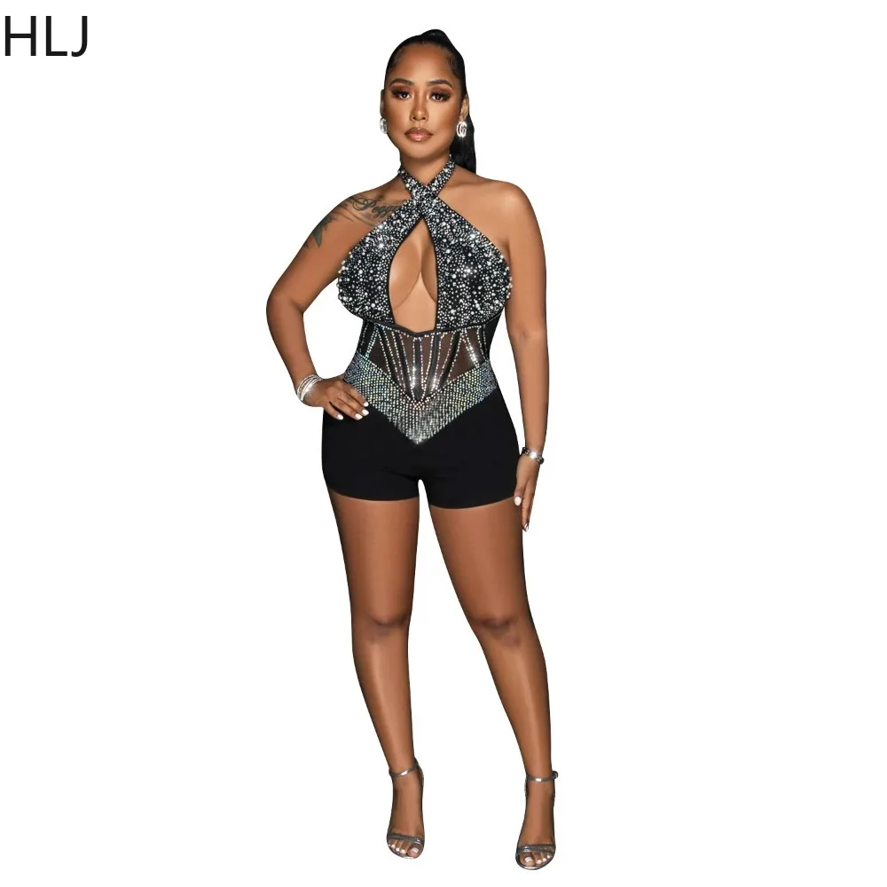 HLJ Gold Woman Evening Party Outfits Rhinestone Crystal Luxury Jumpsuits Women Corset Patchwork Bodycon Rompers Elegant Sexy