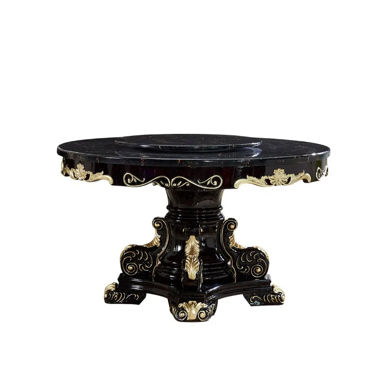 

European dining table black sandalwood round table marble dining table and chair combination 6 people 8 people round light
