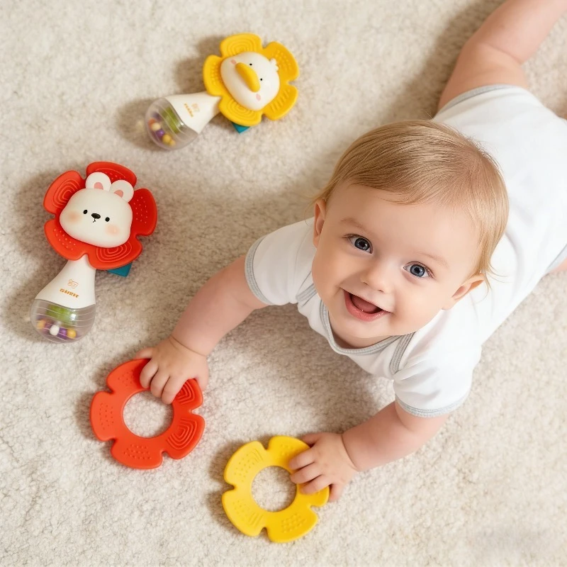 Zabawka dla niemowląt, grzechotka, miękka guma spożywcza, uspokajający patyczek, gryzak, uchwyt do trzymania, bębenik, uroczy kaczyk, ćwiczenie zdolności chwytania