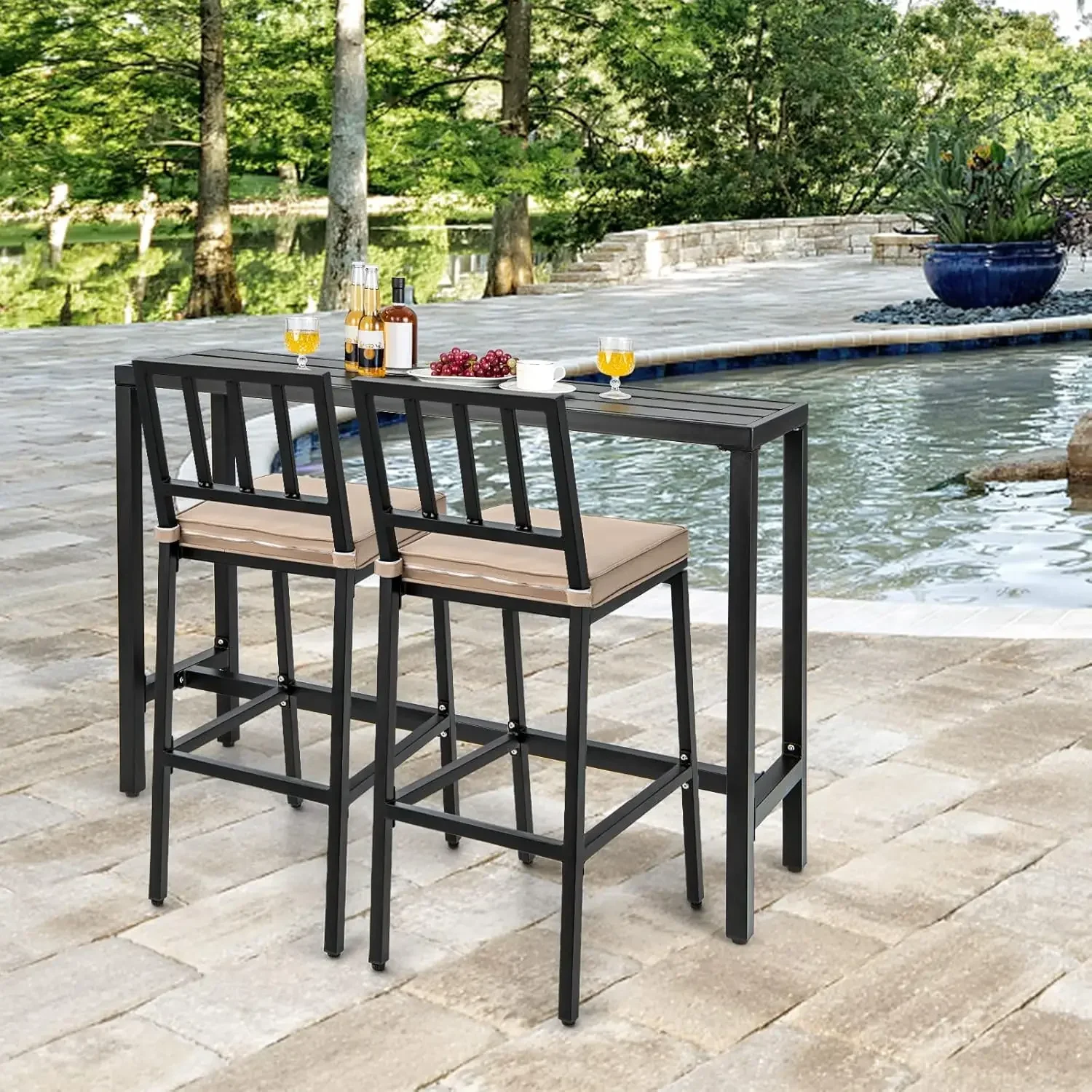 3 Piece Outdoor Patio Bar Set, 55" Rectangular Pub Height High Top Bar Table with 2 Cushioned  Stools, MetalTable