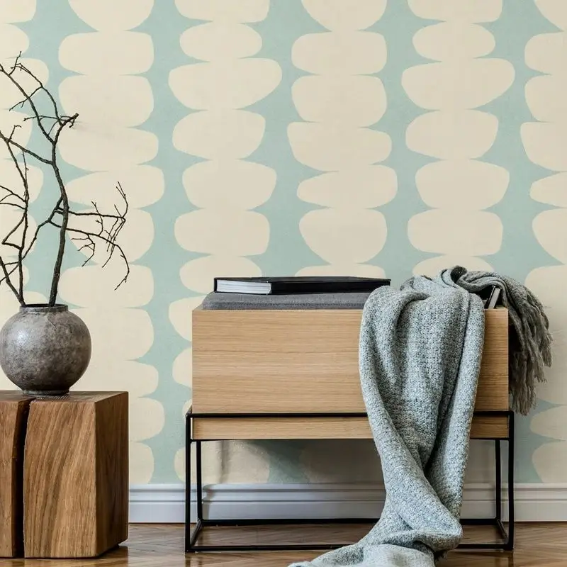 

Mid-Century Zen Pebbles Wallpaper,Teal Removable Wall Decal,Cream Background Peel and Stick Wallpaper Roll,Non-Woven Paper