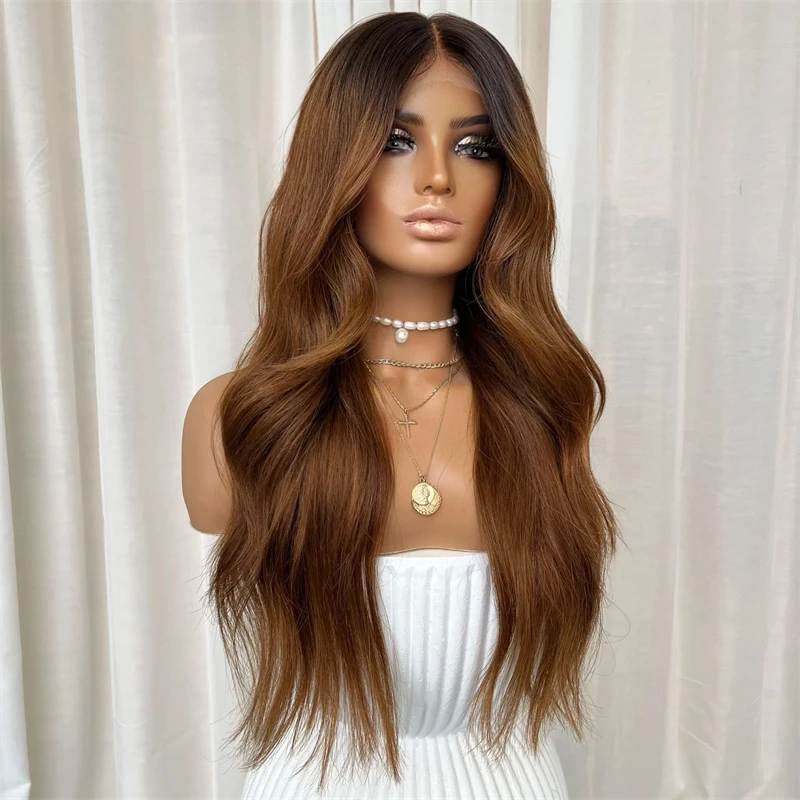 150% Density Wig 13x4 Ombre Warm Honey Brown Synthetic HD Lace Front Wig for White Black Women Soft Long Natural Wave Wig 28''