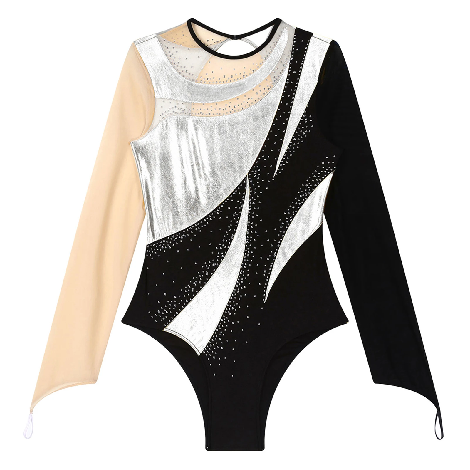 Costume da ginnastica da donna Performance di danza strass manica lunga Sheer Mesh Ballet body acrobatica tuta da pattinaggio artistico