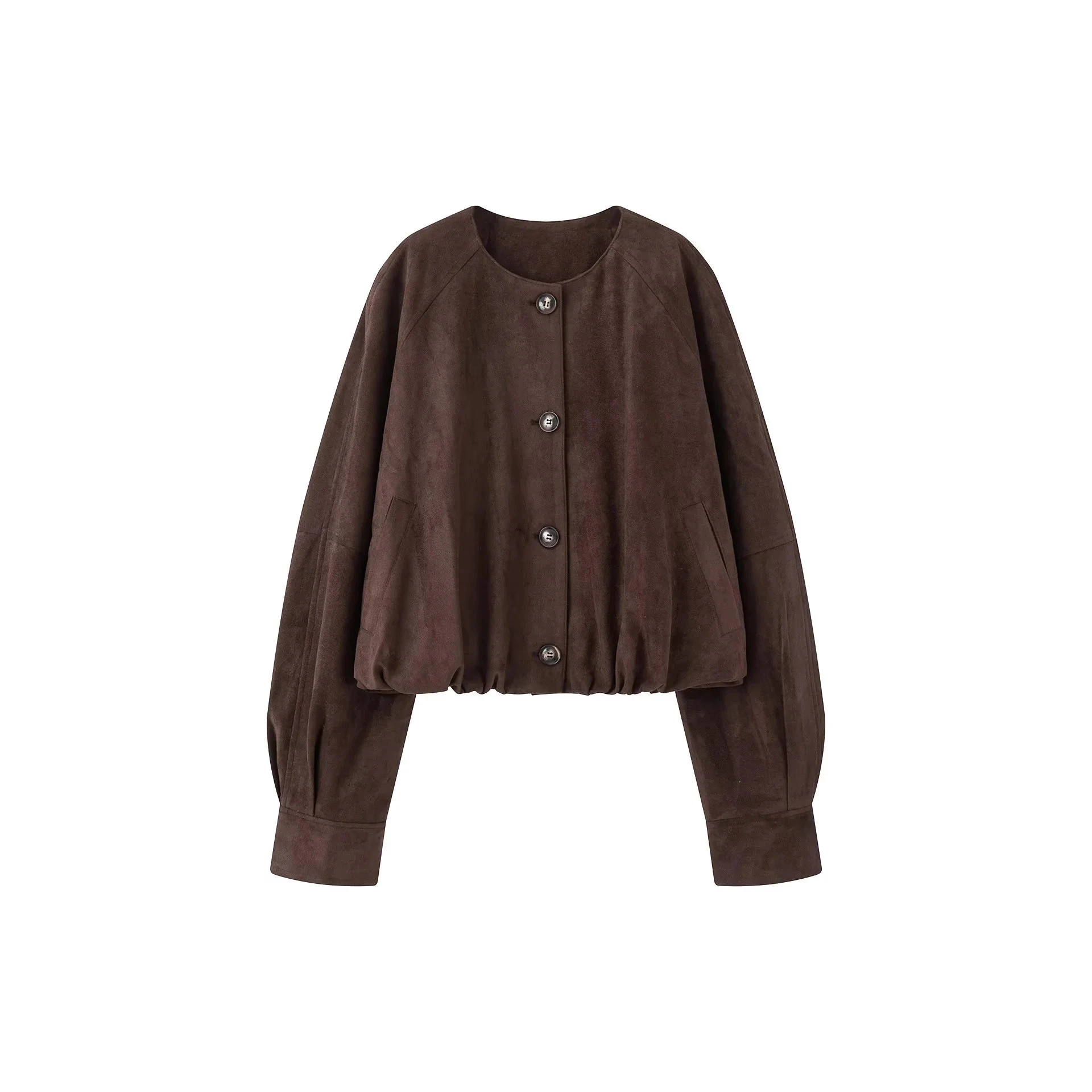 レディース ラウンドネック シングルボタン レザー ジャケット 秋冬新作 スタイリッシュ カジュアル ルーズフィット ロング丈 アウター