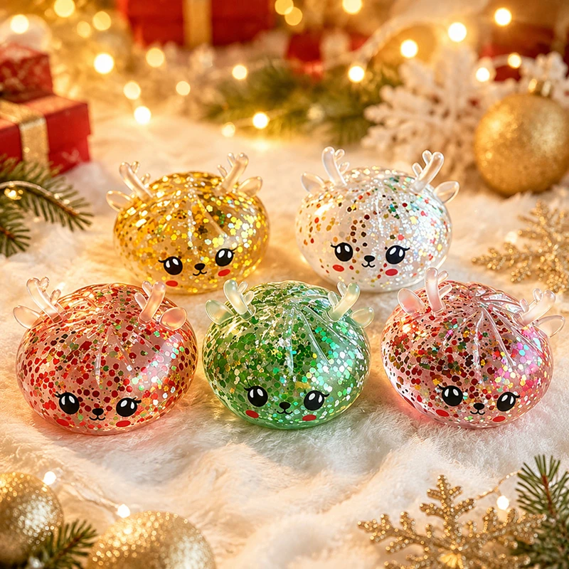 Soft Texture Christmas Sparkling Powder Squishy Dumpling Squeezing Toy Elk Shape Squishies Stress Relieving Toy Baozi Gift New