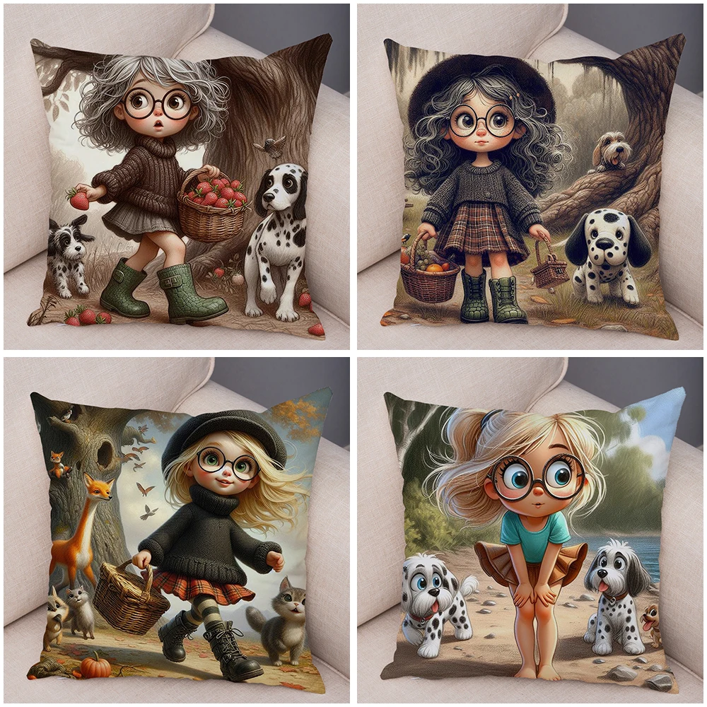 Poszewka na poduszkę Cute Cartoon Forest Girl and Pet Dog z podwójnym nadrukiem na sofę Poszewka na poduszkę 40x40cm Miękka pluszowa poszewka na