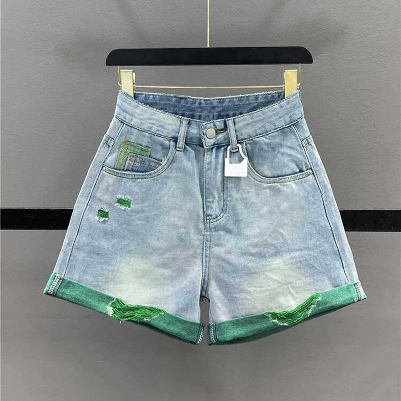 

Color Blocked Denim Shorts for Women Trendy High Waisted Rolled Edge Hot Pants Summer New Commuting Thin Ripped Shorts