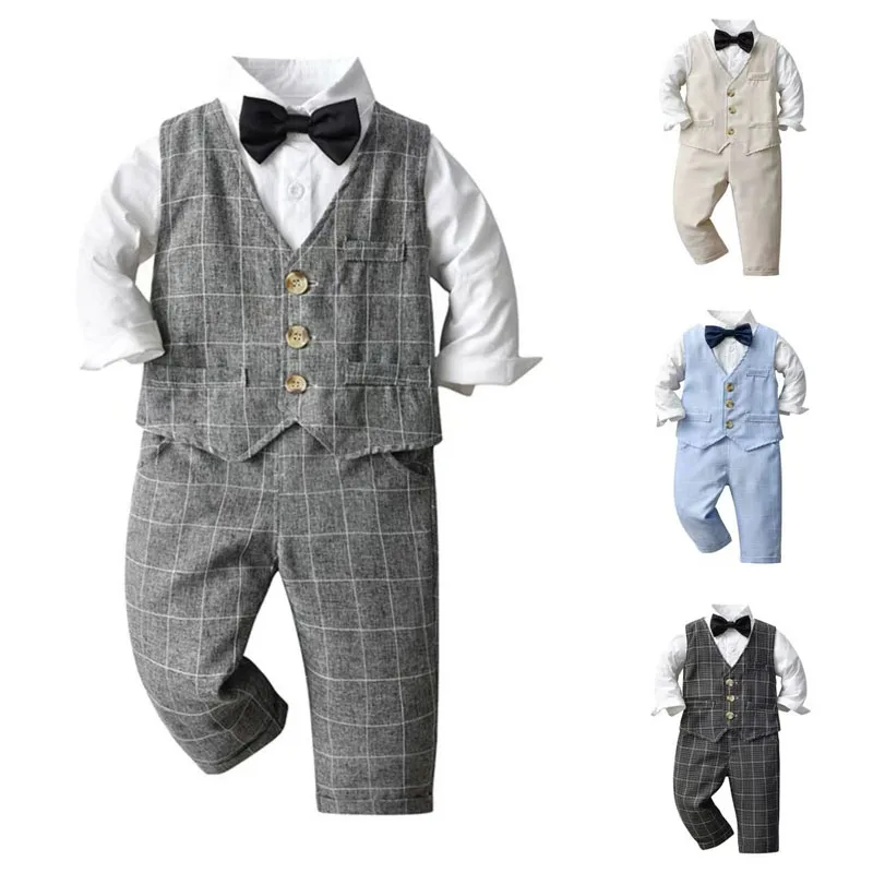 

4PCS Gentleman Baby Boy Formal Plaid Clothes Set Vest+Pant+Shirt+Bow Tie Infant Toddler Suit Party Birthday Baby Clothing Set