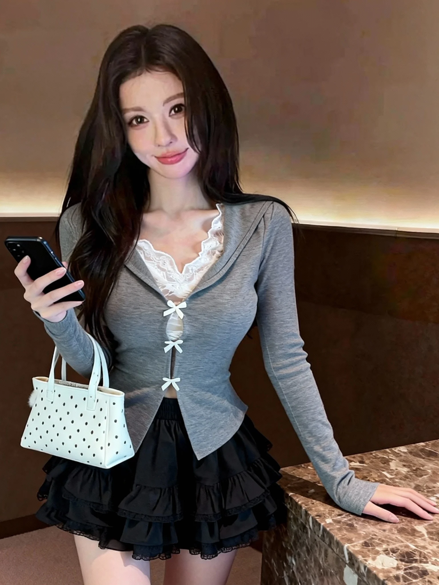 

Korean Style Knot Splice Lace Hollow Deep V Collar Long Sleeve Base Shirt Women's Fashion Set Casual Work Outfit