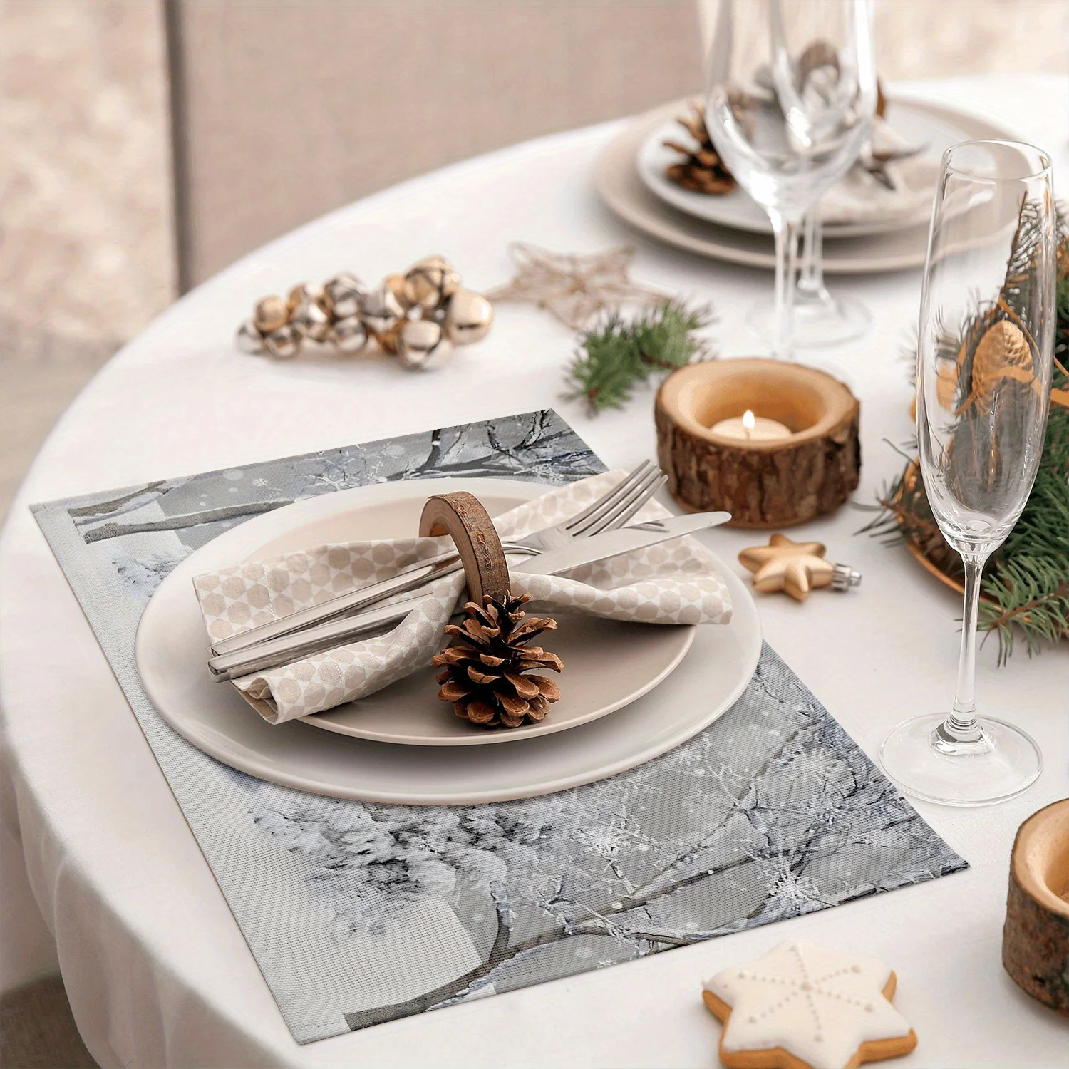Christmas Placemats 4 Pack, 12x18 Inch Woven Polyester Table Mats, Snowman & Winter Tree Design, Festive Holiday Party Decor