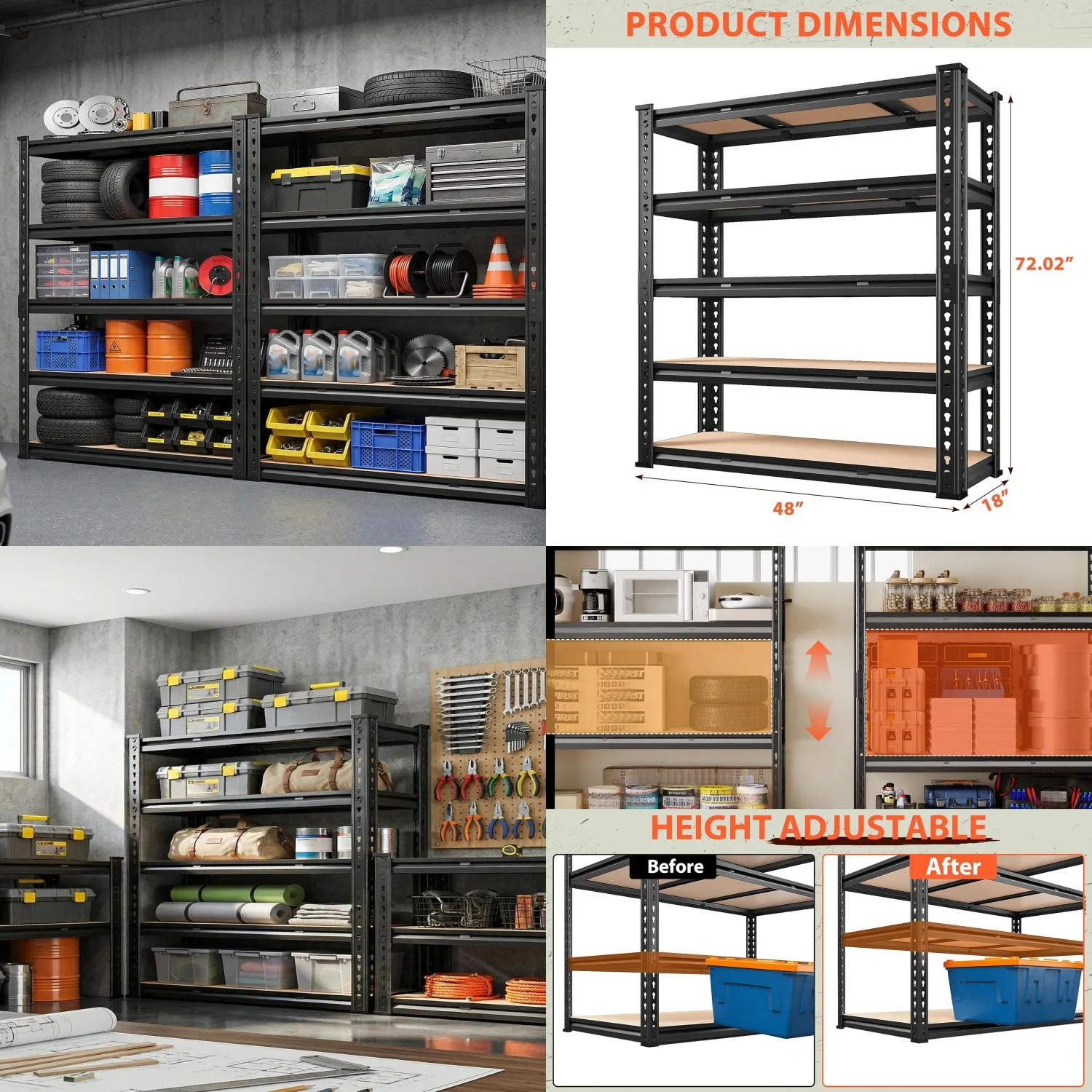 

72" 5-Tier Metal Storage Shelf 3000LBS Adjustable Unit for Garage Basement Warehouse 48"Wx18"Dx72"H Customized