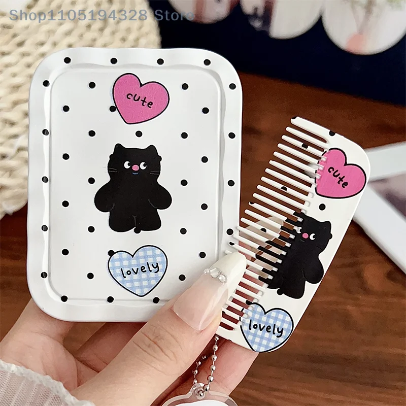 [MP] Specchio per trucco da viaggio pieghevole portatile con gatto nero cartone animato con mini strumento per trucco portatile a pettine per donne e ragazze