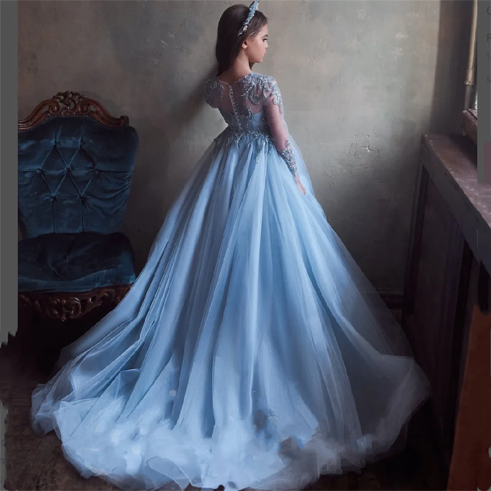 Blue Tulle Flower Girl Dress Wedding Birthday Full Sleeves Tulle Beaded Princess Kids First Communion Party Dresses Ball Gowns