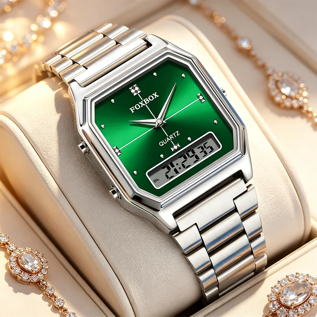 

FOXBOX New Sports Quartz Watches for Woman Square Steel Waterproof Double Time Leisure Digital Girl Wristwatches Women Clocks