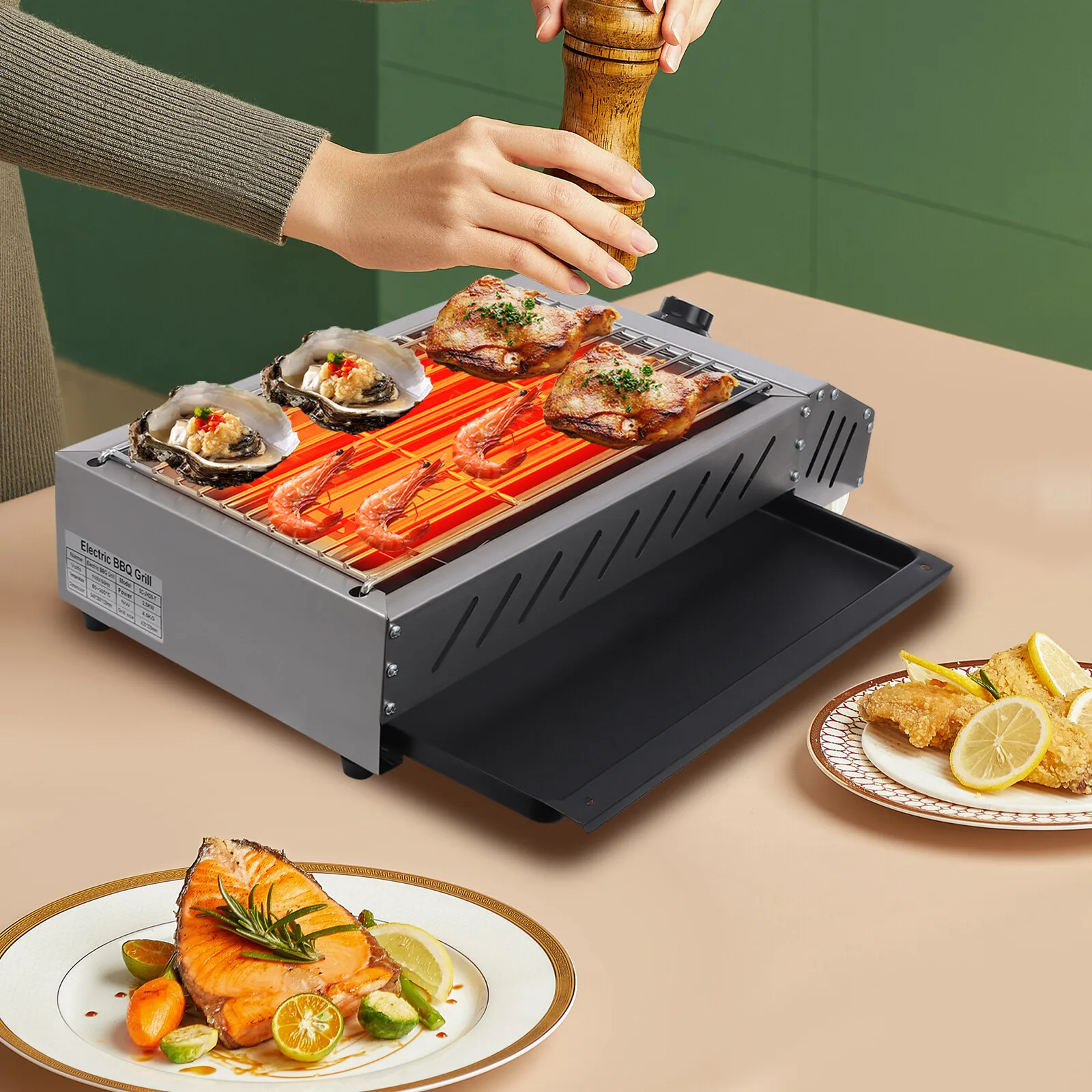 

1800W BBQ Grill Electric Barbecue Grill 54.2*28*12cm/21.3*11*4.7in Countertop Griller Stainless Steel 50-300°C/122-572°F