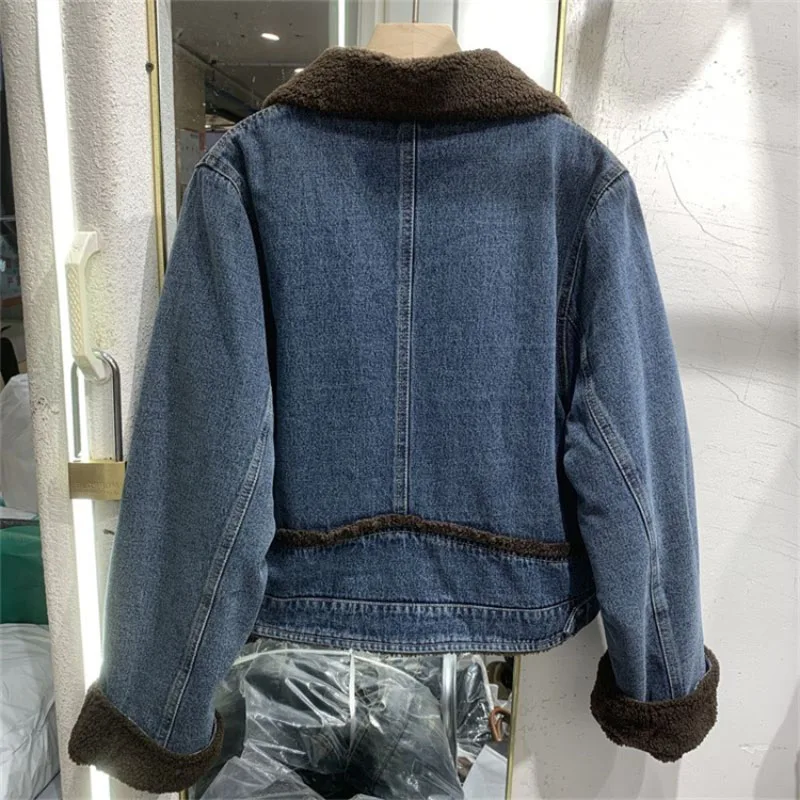 Thickened Denim Winter Coat Cotton Padded Jacket Women Clothes 2024 New Style Age-reducing Tweed Pattern Jackets Fashionable