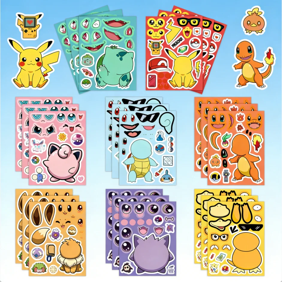 16 Hojas de Pegatinas de Rompecabezas de Anime Pokemon, para Crear Caras, Diversión Creativa para Niños, Calcomanías de Rompecabezas, Juguetes para Niños, Regalos para Fiestas