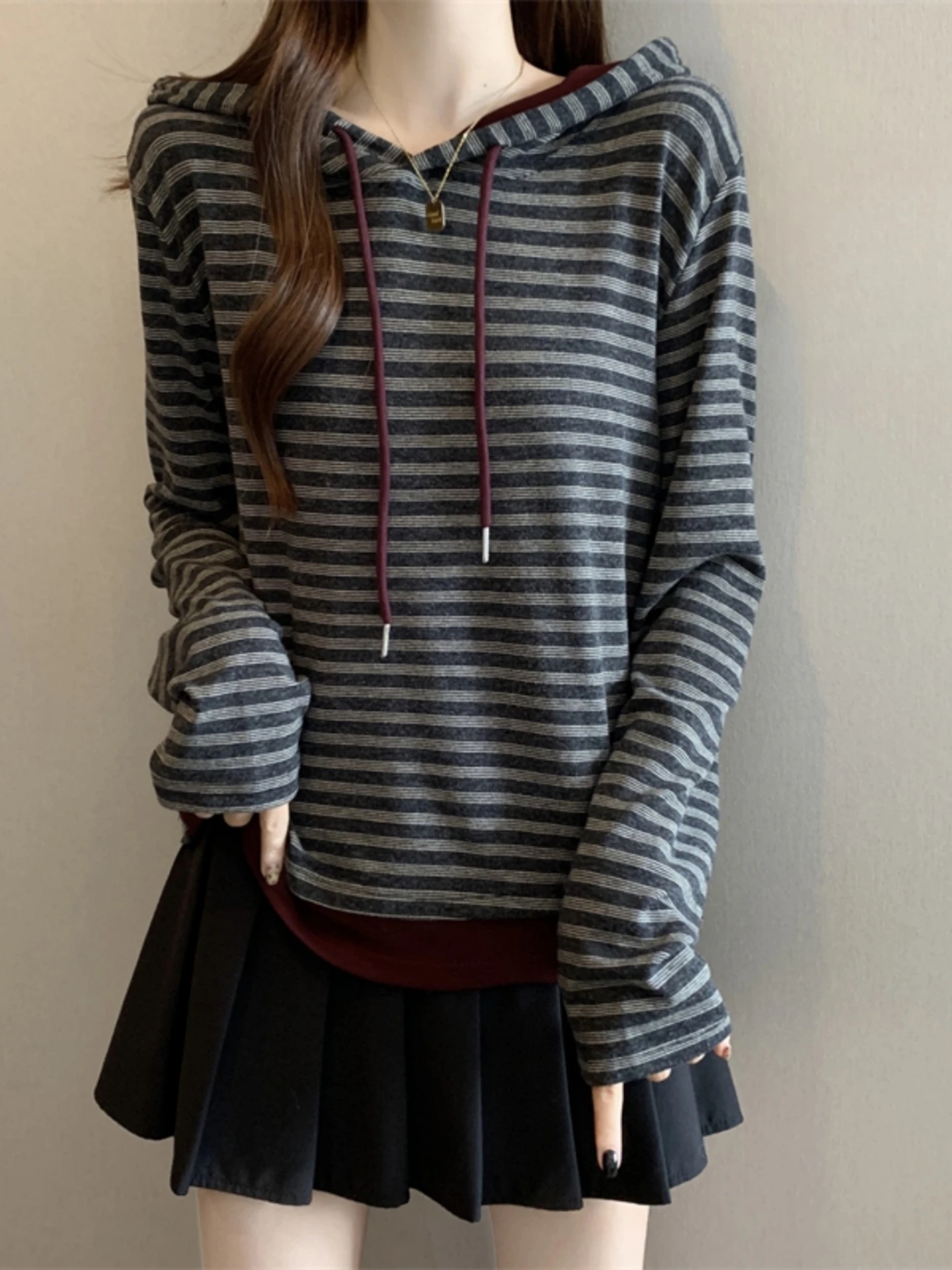 Dstring هوديي طبقة قاعدة مخططة irt المرأة ربيع الخريف جديد حجم كبير التخسيس الكورية Sle شيك ort الأعلى