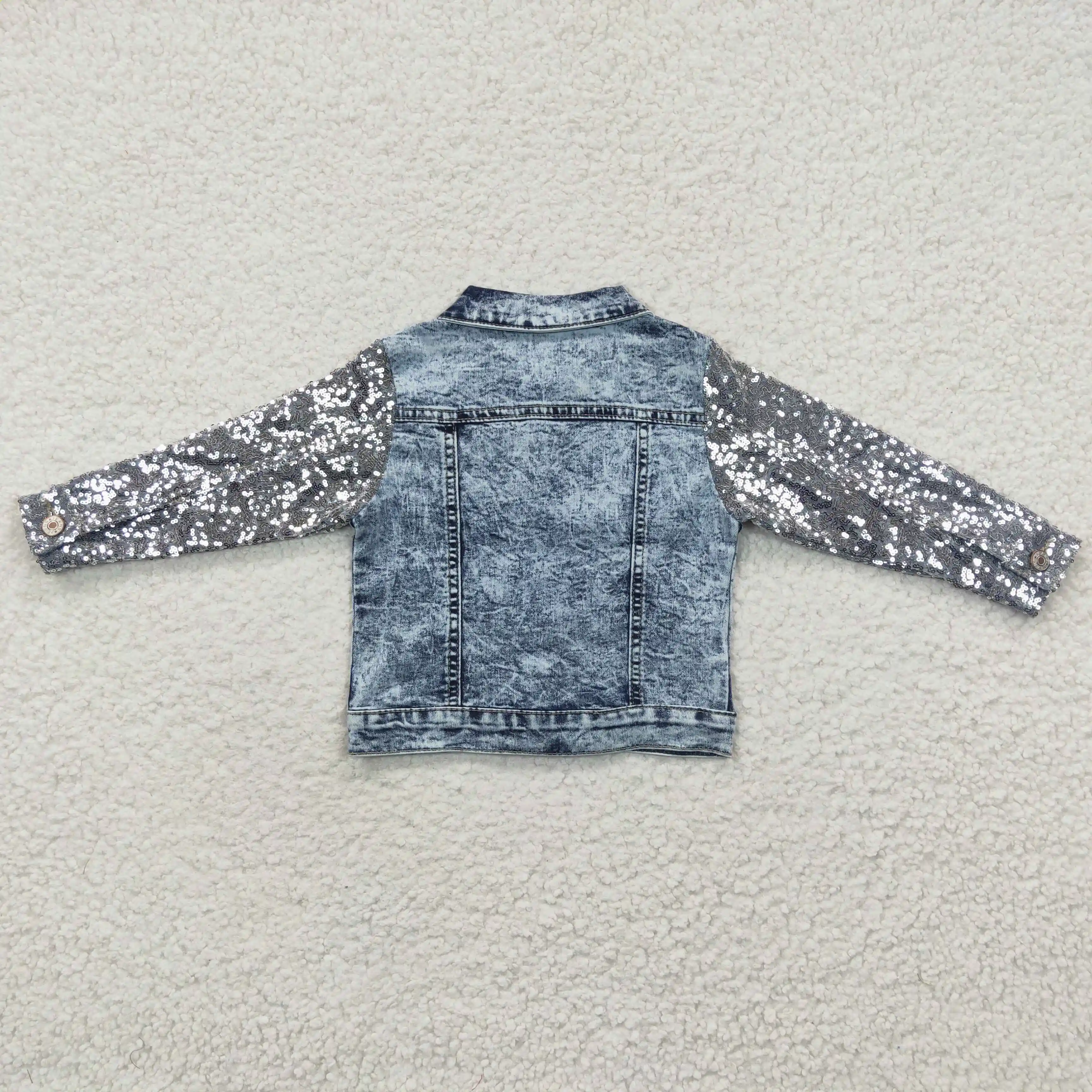 GT0148 Fashion Baby Girls Clothes Sequins Long Sleeve Denim Jacket Kids Boutique Items