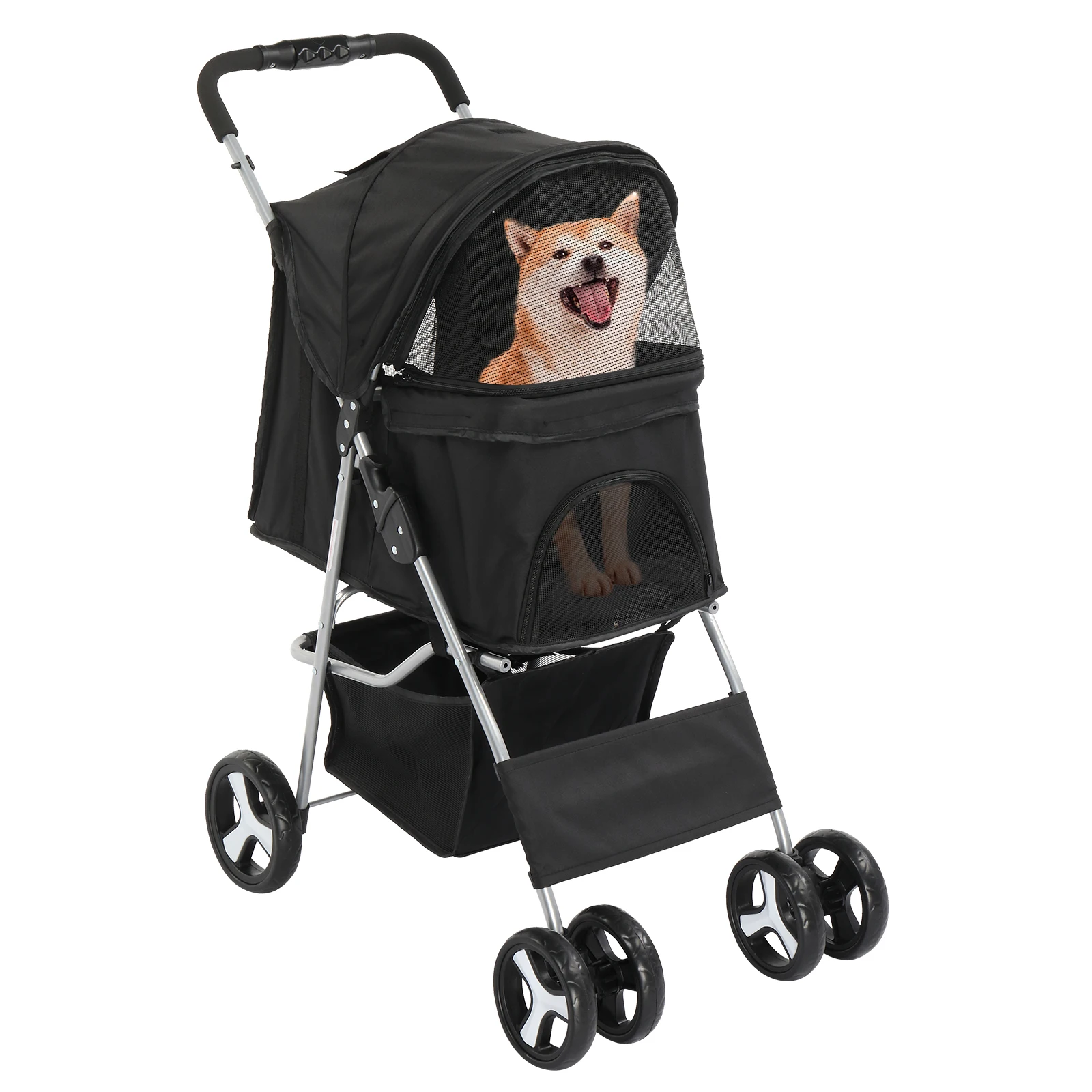 4 Wheels Pet Stroller, Dog Cat Stroller for Small/Medium Pets, Foldable with Cup Holder, Removable Liner, Storage Basket, Black.