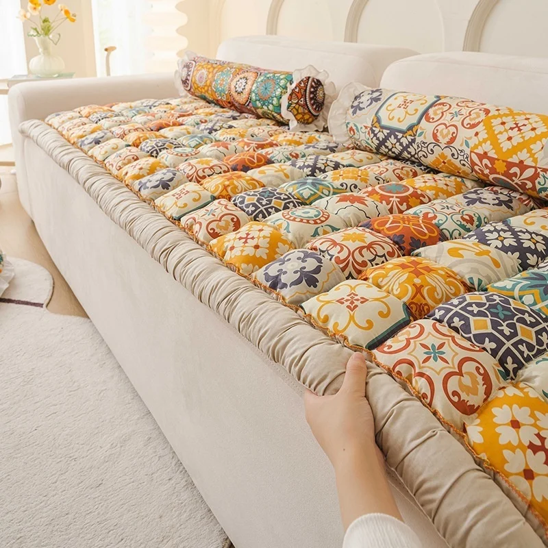Cotton Thickness Couch Sectional Sofa Cover Anti-slip Printed Floral Dust Seat Cushion Tatami Pad Home Decor Furniture Slipcover