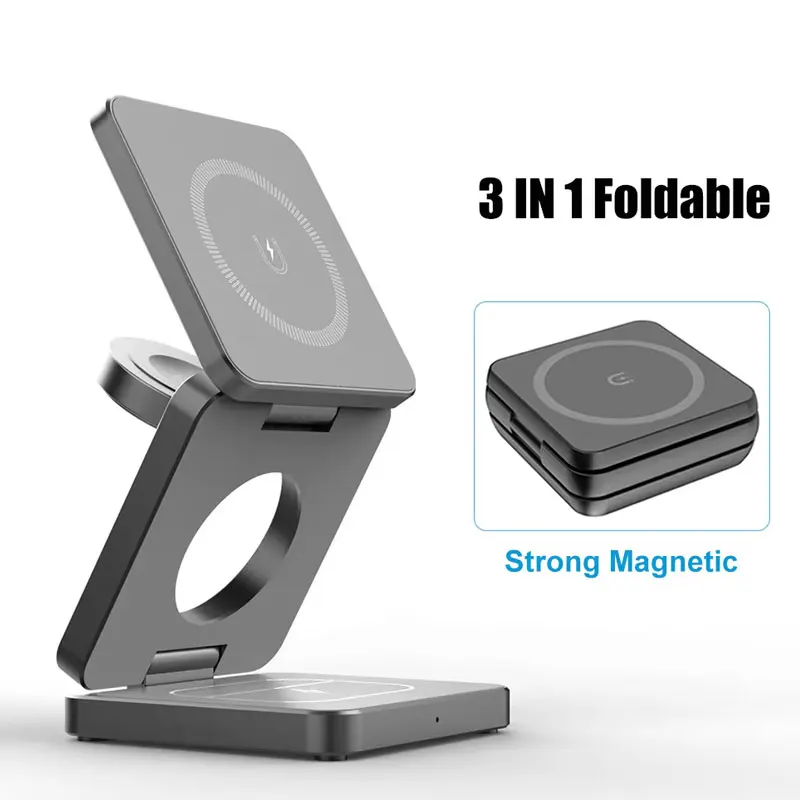 3 in 1 Wireless Charger Stand Magnetic Foldable Wireless Charging Station for iPhone 15 14 13 12 Pro Max Apple Watch 8 9 Charger