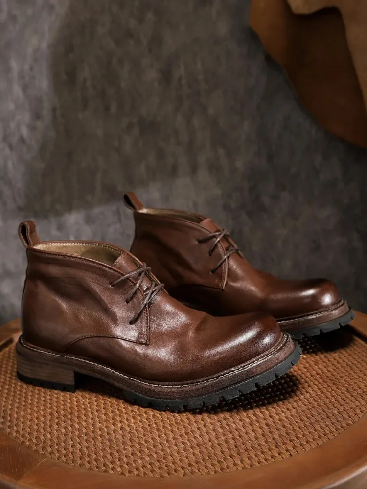 Luxury Men High Top Boots Retro Handmade Shoes Business Motorcycle Boots Genuine Leather Thick Sole Outdoor Hiking Ankle Boots