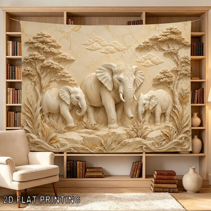 Large Elephant Family Tapestry Wall Hanging Neutral Beige Boho Tropical Jungle Safari Nature Art Decor Polyester Indoor Wall Dec