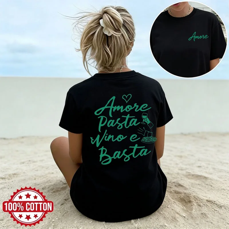 Women's Amore Pasta Wino E Basta Print T-shirt 100% Cotton Italian Food Summer Casual Short Sleeve Fashion Tee Daily Wear Beach