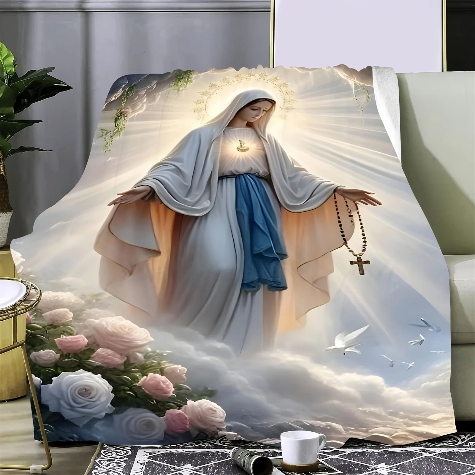 Virgin Mary Religious Flannel Blanket,Christmas Decor,Catholic Icon Design, Perfect for Prayer, Sofa & Bed, Ideal Religious Gift