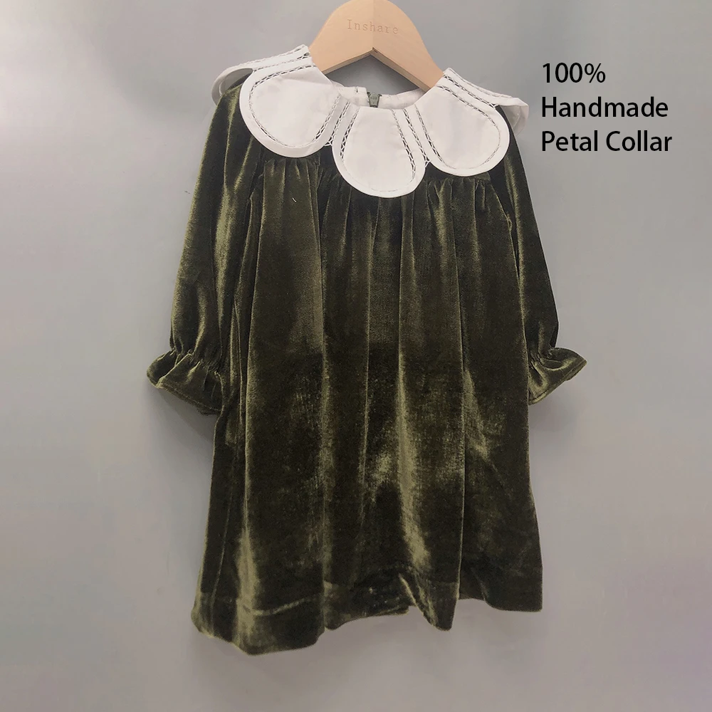 Girls Even Dress Handmade Petal Lapel Long Sleeve Velvet Puff Sleeve Christmas Children Boutique Elegant Cute Birthday Clothing