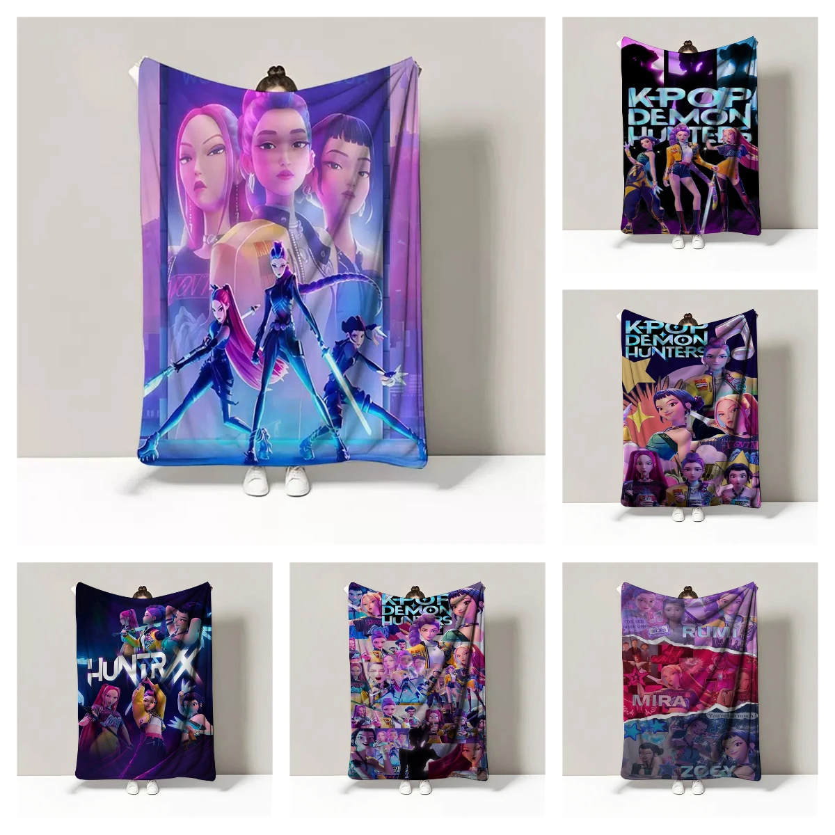 ผ้าห่มลาย KPop Demon Hunters ผ้าฟลานเนล ผ้าห่มนุ่มสบาย พิมพ์ลายรูมิ มิรา โซอี้ ใช้ได้กับรถยนต์ แคมป์ปิ้ง โซฟา ผ้าห่มอเนกประสงค์สำหรับเดินทาง ของขวัญคริสต์มาส