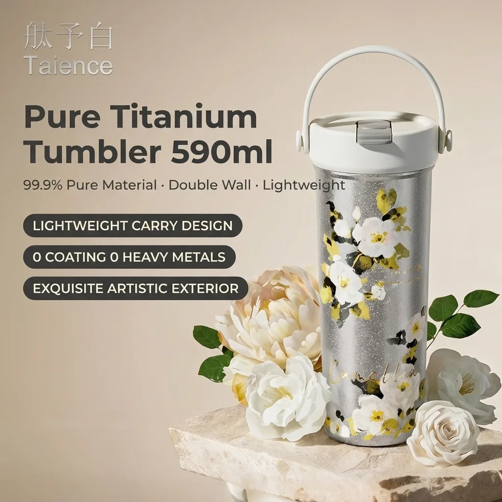 Taience Titanium Tumbler 590ml Insulated Coffee Cup with Straw 2 in 1 Lid Lightweight 308g Leak Proof Gift Box